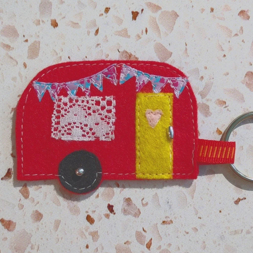 Red Handcrafted Retro Camper Key Tag Cute Adventure Awaits Quote| New #6